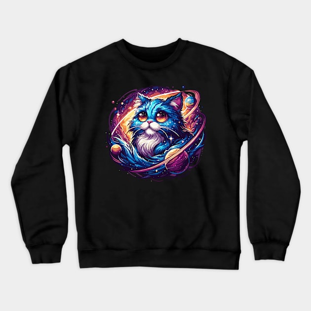 Kawaii Colorful Cosmic Cat in Stars Crewneck Sweatshirt by TomFrontierArt